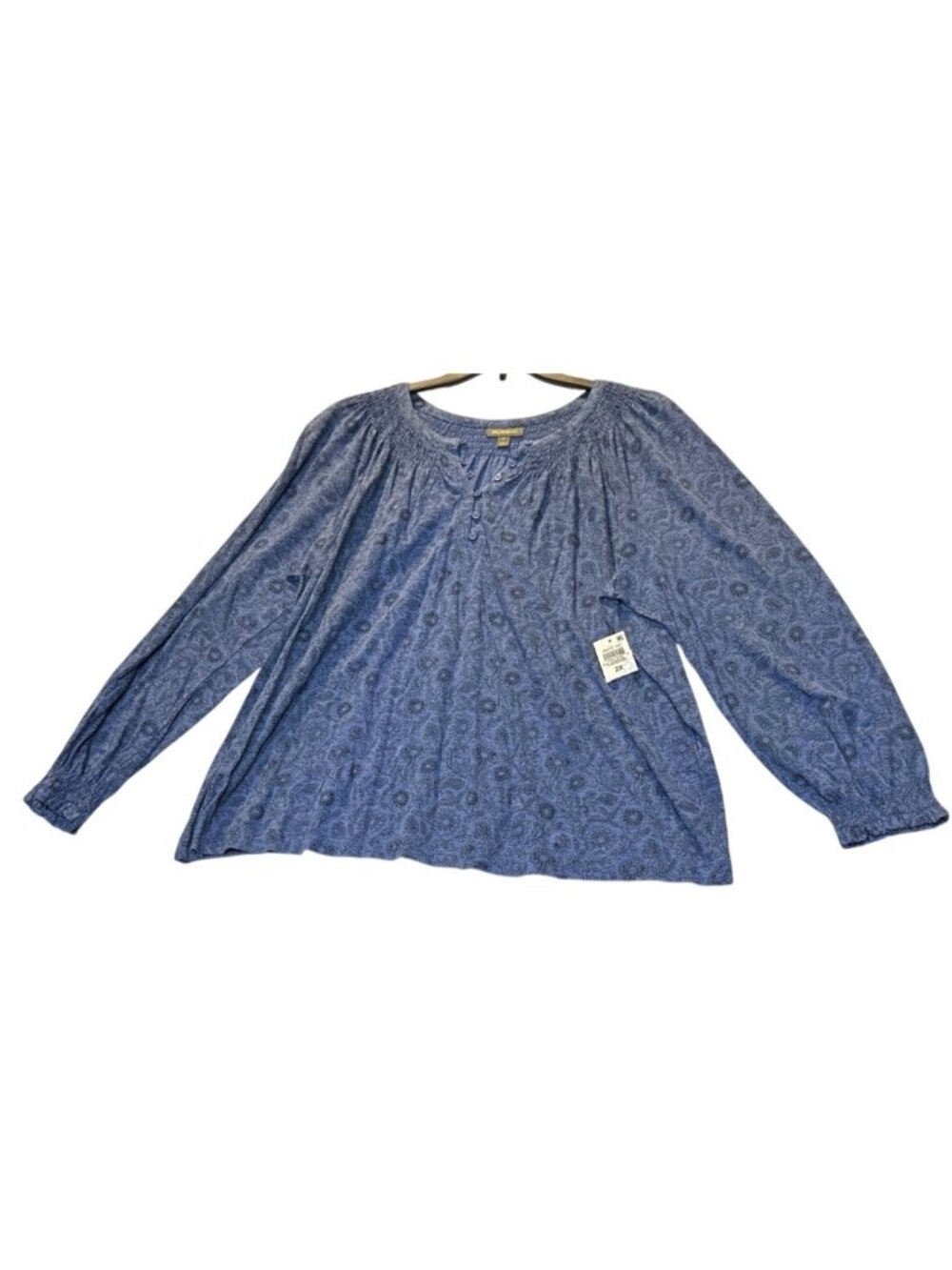 Style & Co Womens Size 2X Blue Smock Knit Top Floral Long Sleeve Boho Style